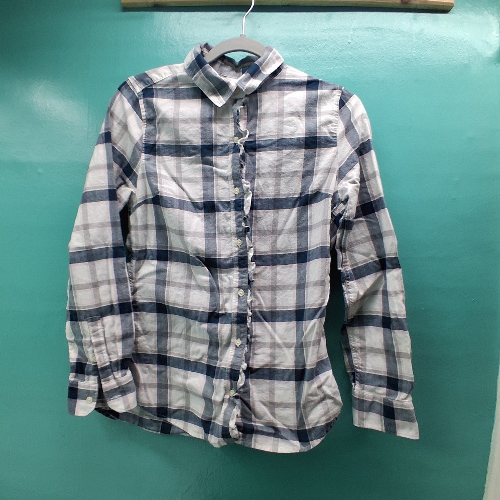 Banana Republic Ruffle Plaid Button Down Shirt S Blue White Preppy Classic Fit